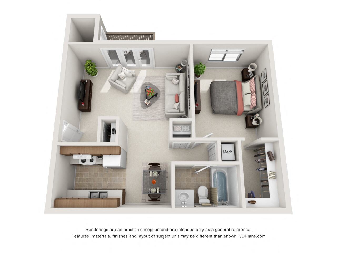 Floor plan for 1 bed, 1 bath, 720 sqft